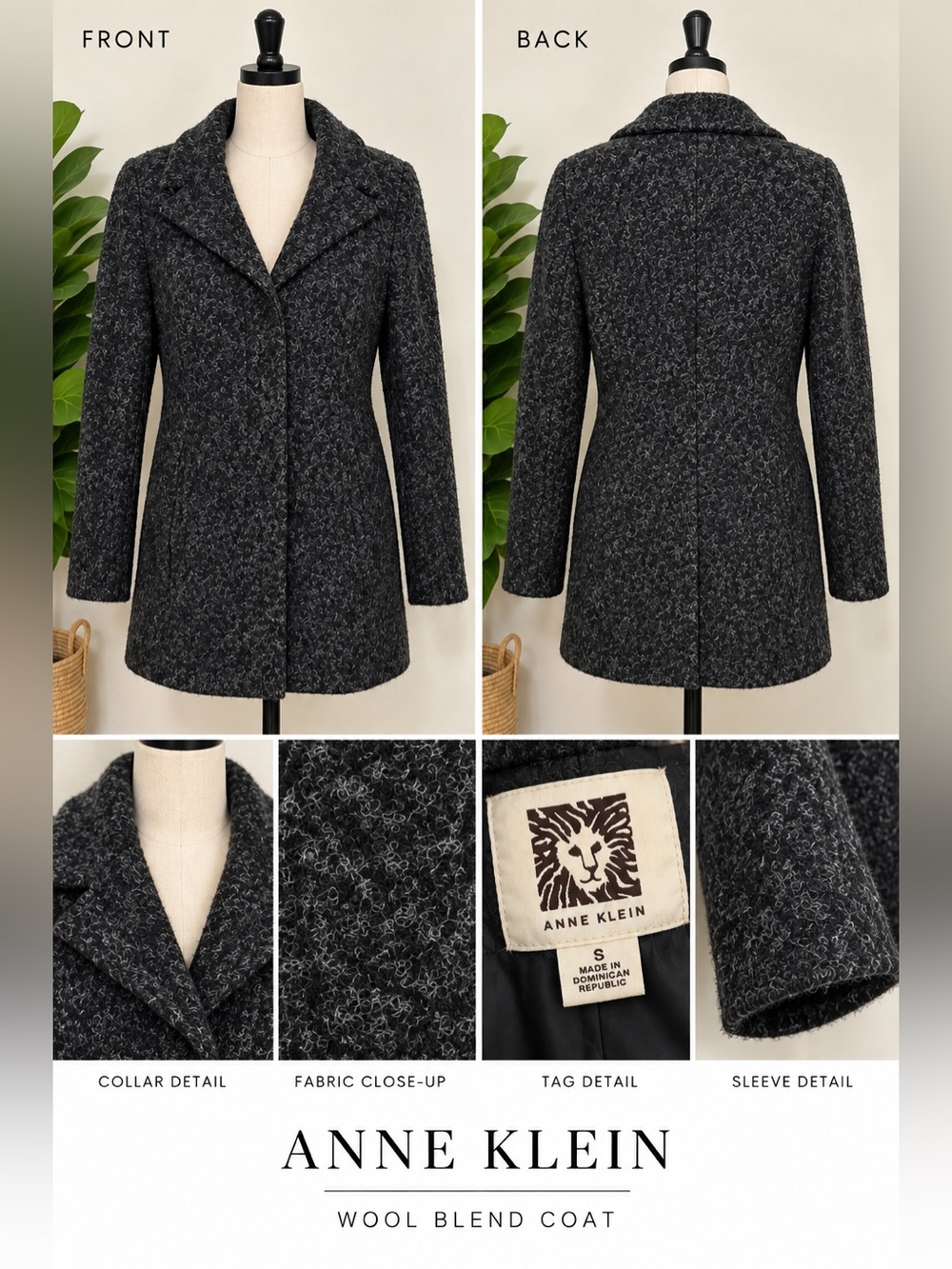 Anne Klein Charcoal Gray Wool-Blend Pea Coat